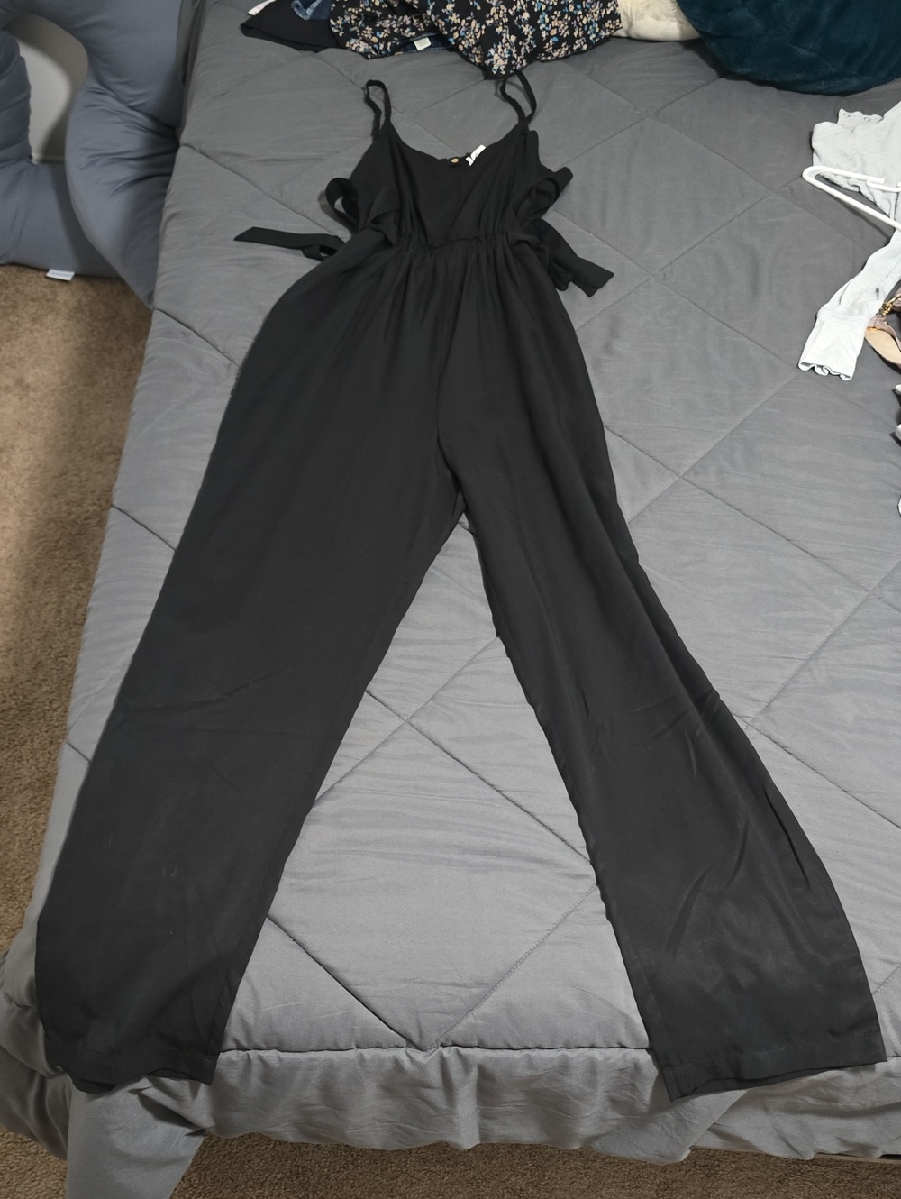 Black Tie-Waist Wide-Leg Jumpsuit with Adjustable Straps